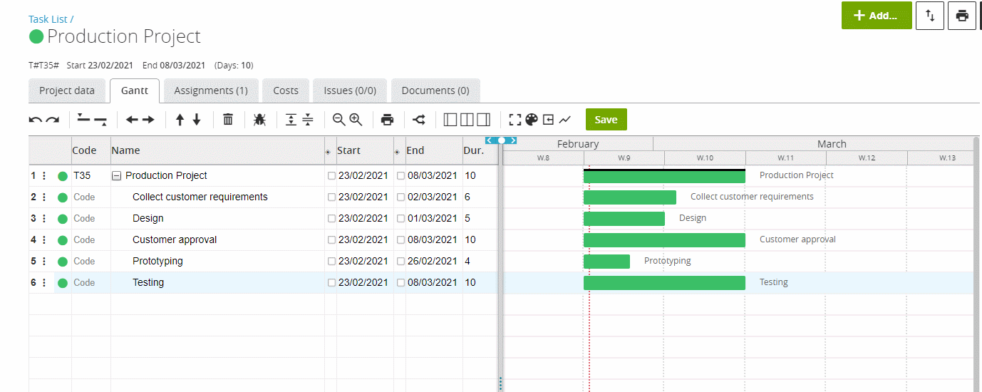 settaggio dipendenze nel cronoprogramma Gantt