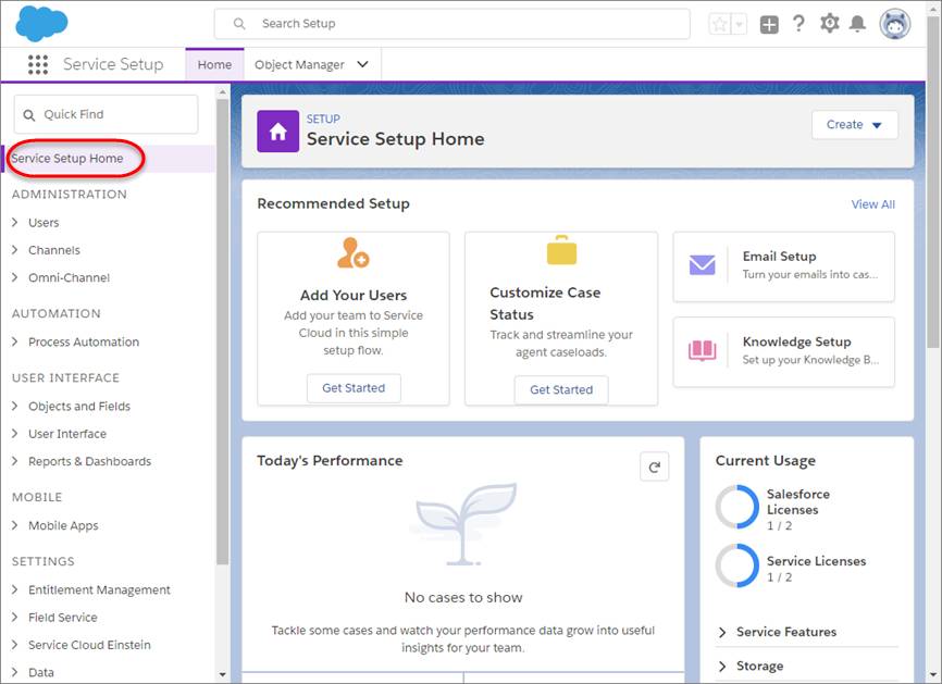 Service Setup Home displaying.
