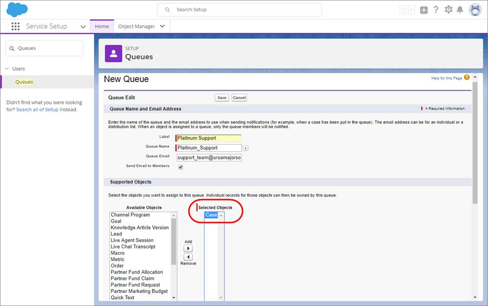 A screenshot of the Queues page in Service Setup.