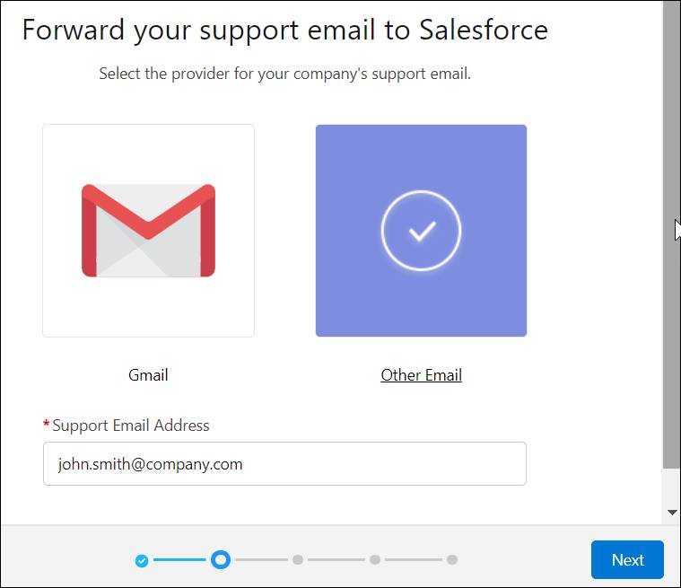 The email address filled in on the third page of the email setup prompt.