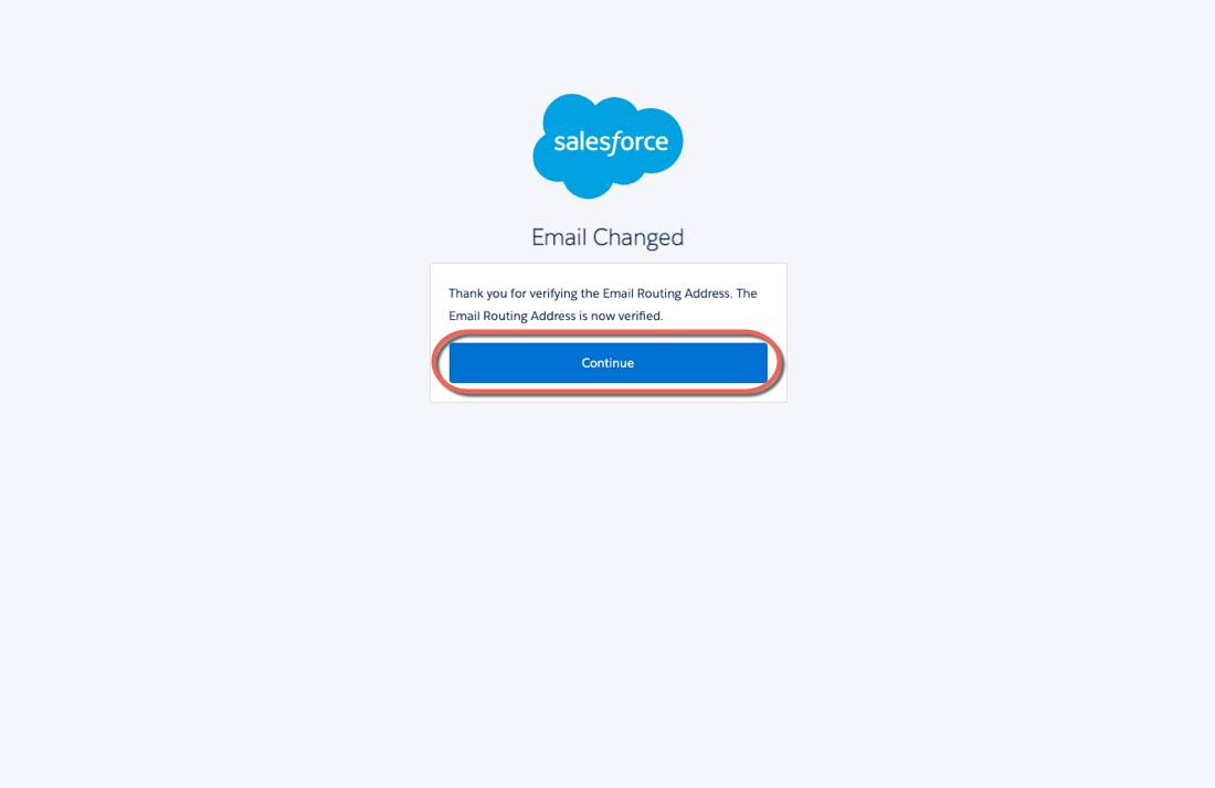 The Email Changed verification page with the Continue button highlighted.
