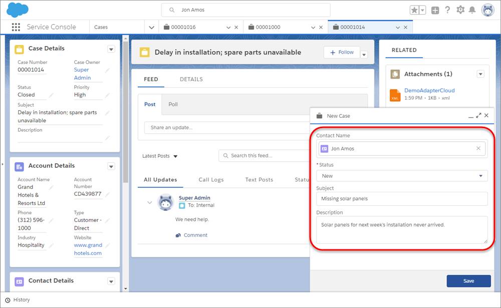 A new case with contact, status, subject, and details added.