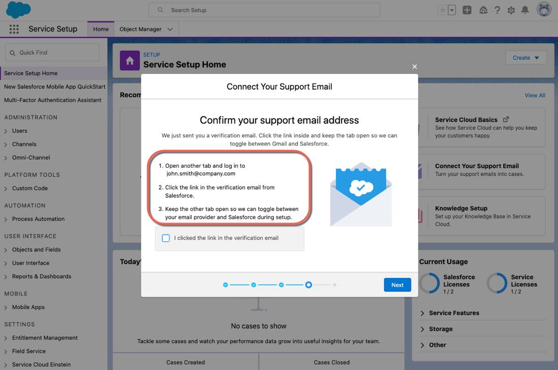 The email verification instructions in the email setup prompt page.