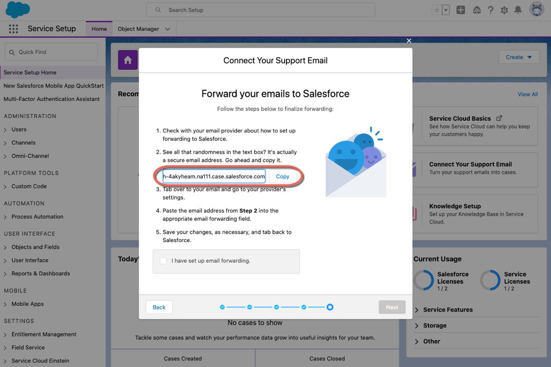 The email setup prompt with the generated email forwarding link to copy.