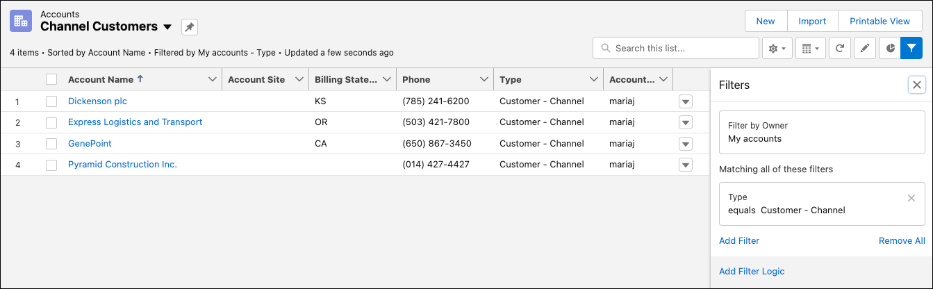 Channel customers list view