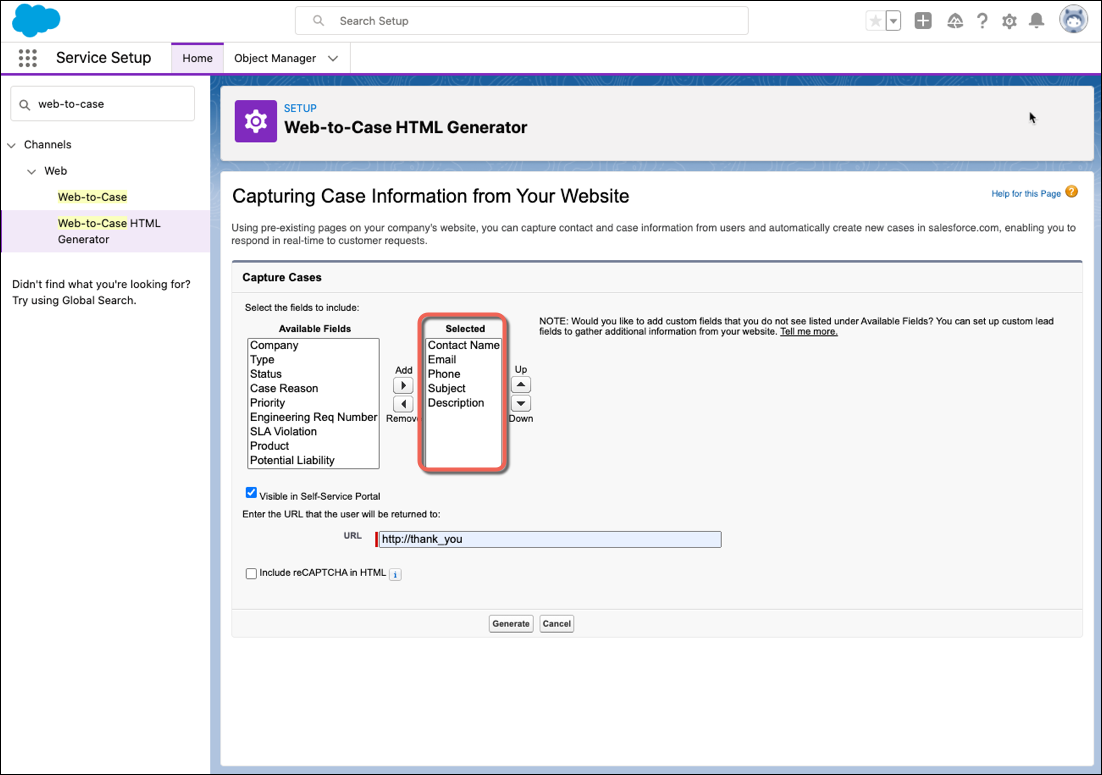 A screenshot of the Web-to-Case HTML Generator\ page in Service Setup.