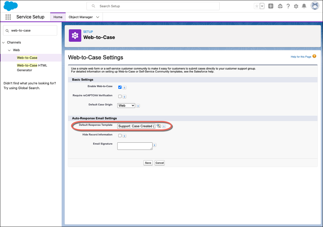 A screenshot of the Web-to-Case page in Service Setup.